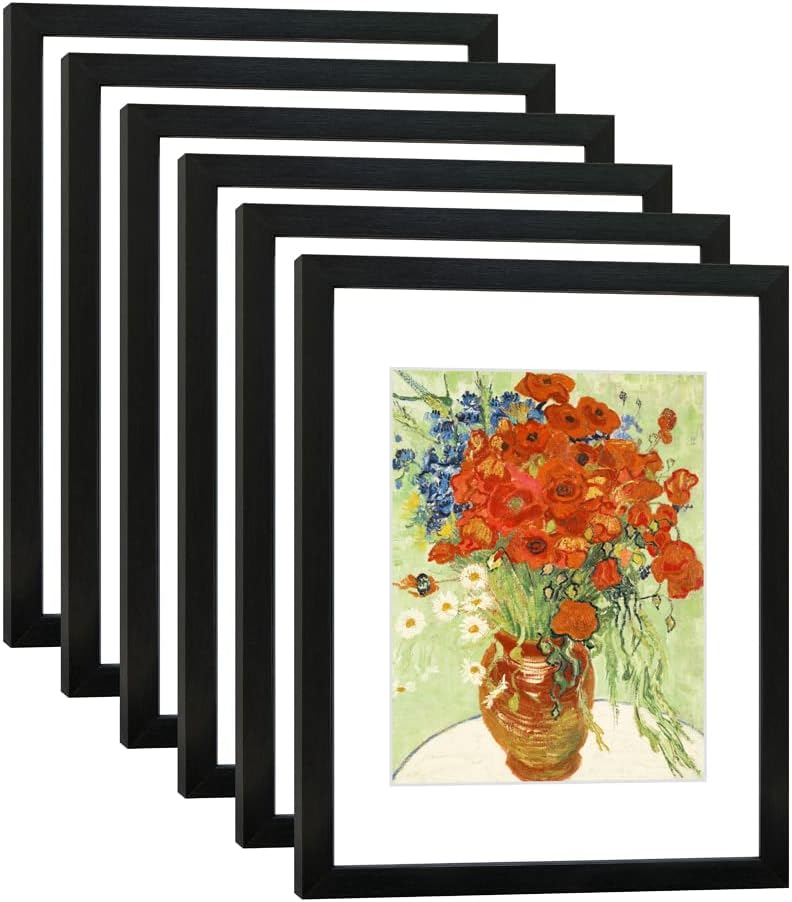 Skiennix 11x14 Picture Frame Set of 6 - Real Glass for 8x10 Photos with Mat or 11x14 Without Mat | Black Display Frames