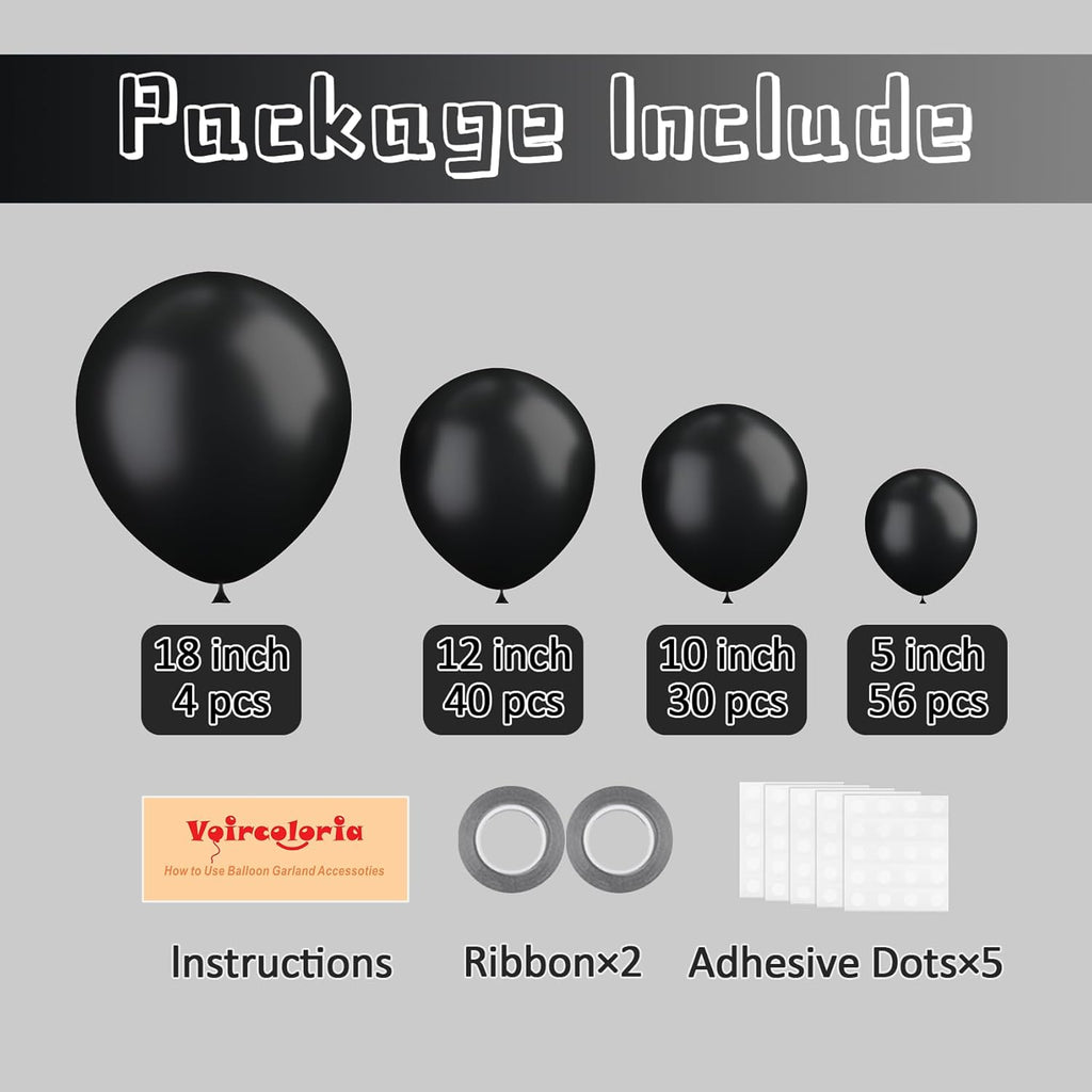 Voircoloria 130-Piece Black Latex Balloons Set - Various Sizes for Birthday, Graduation & Holiday Celebrations