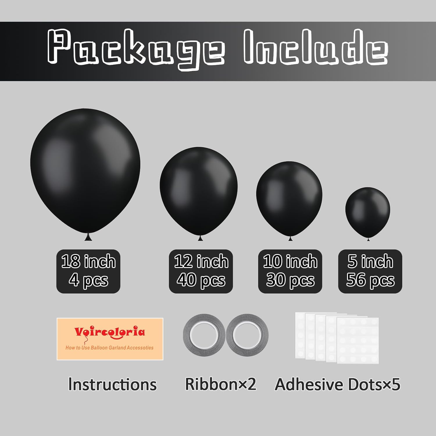 Voircoloria 130-Piece Black Latex Balloons Set - Various Sizes for Birthday, Graduation & Holiday Celebrations