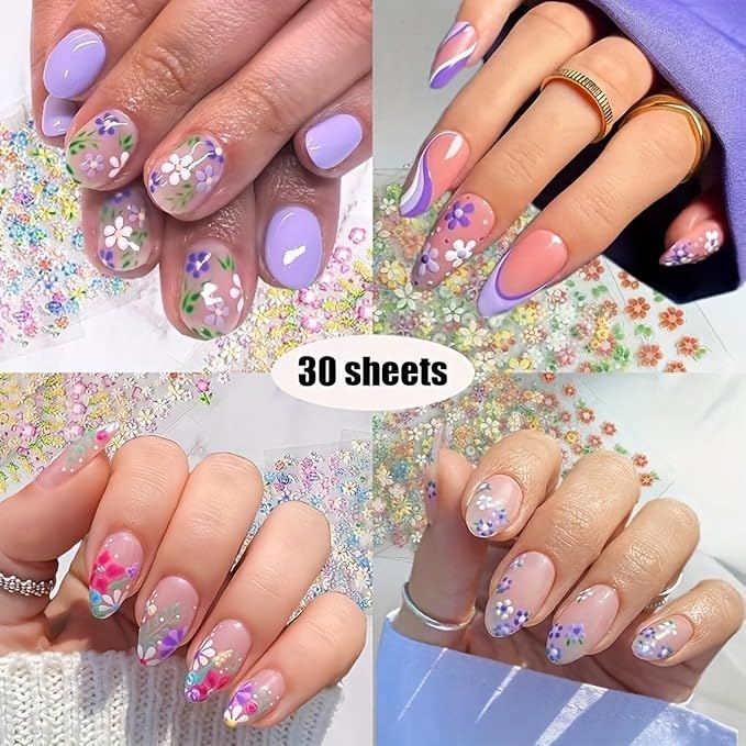 Cublive 30 Sheets 3D Floral Nail Stickers Cute Daisy Flower Nail Decals