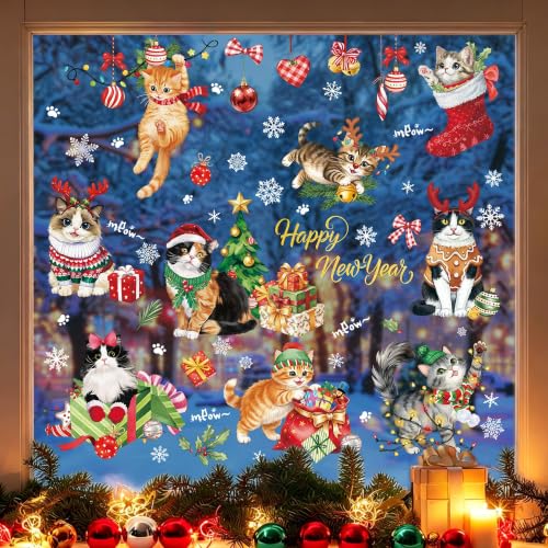Christmas Window Clings - Cat Theme Double-Sided Holiday Decor, 9 Sheets - Black Cat Variation