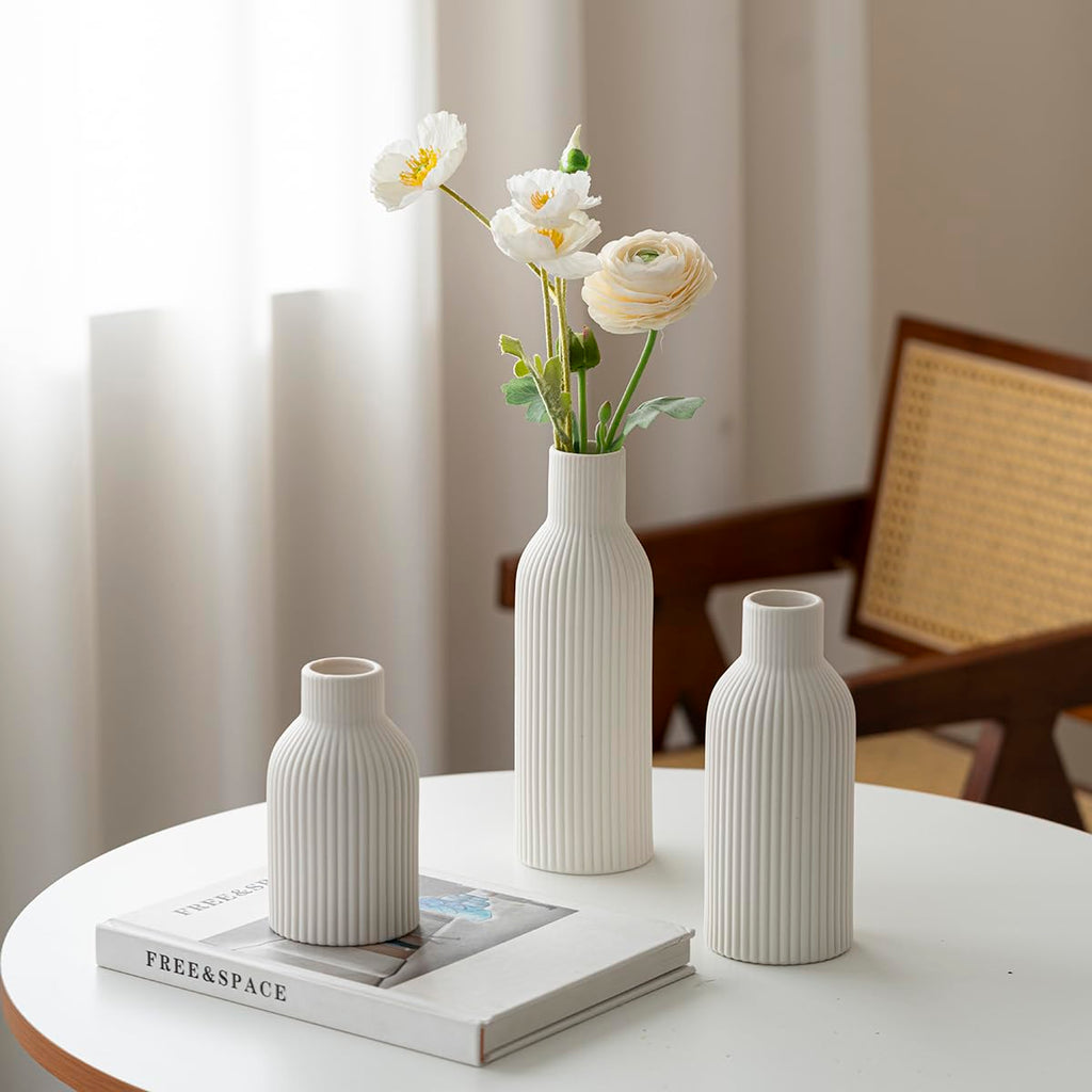 Modern Ceramic Vases Set of 3, White Ribbed Decorative Vases, Shelf Table Centerpiece for Home Decor, Birthday Gifts for Women, Mom, Grandma Decorative (White)