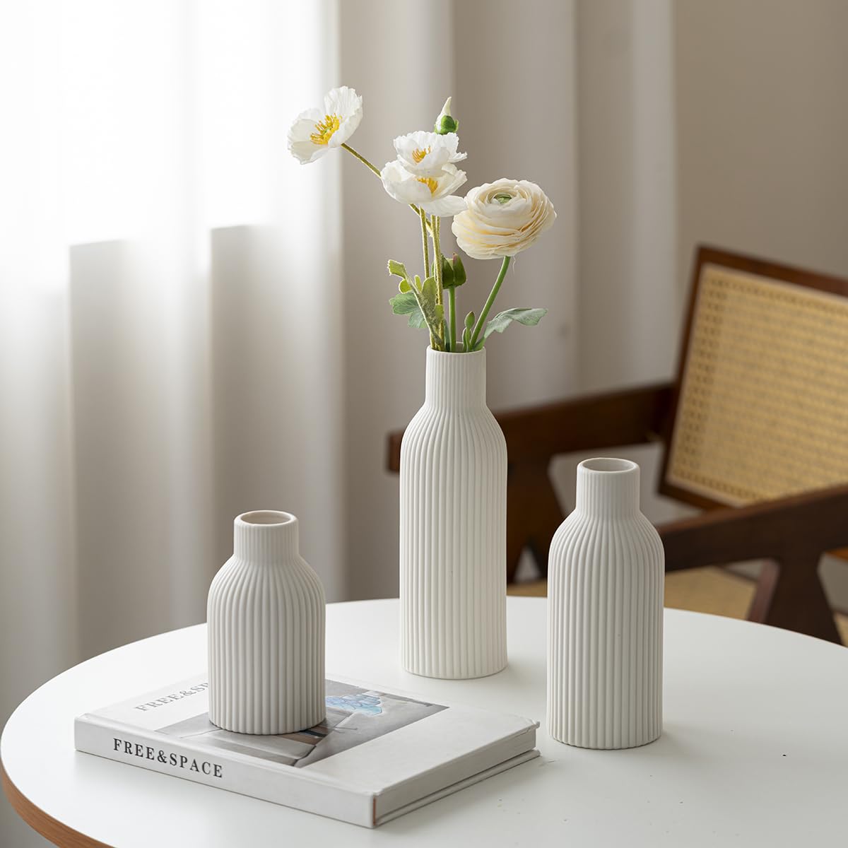 Modern Ceramic Vases Set of 3, White Ribbed Decorative Vases, Shelf Table Centerpiece for Home Decor, Birthday Gifts for Women, Mom, Grandma Decorative (White)