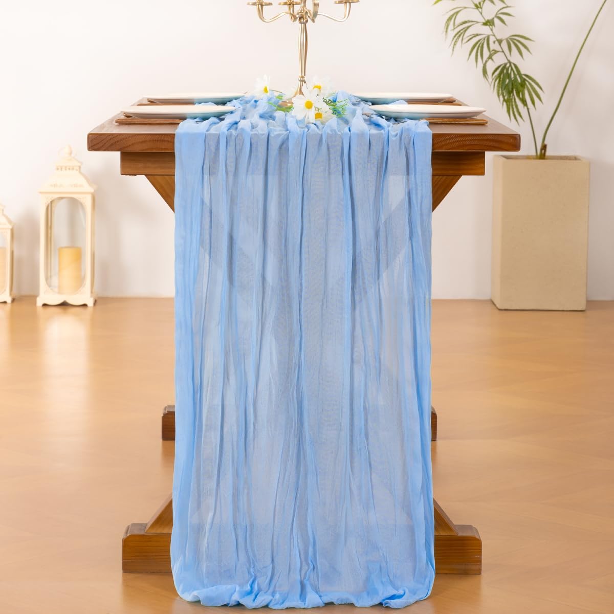 Socomi Blue Cheesecloth Table Runner - 120 Inch Light Blue Boho Rustic Decor for Weddings & Events