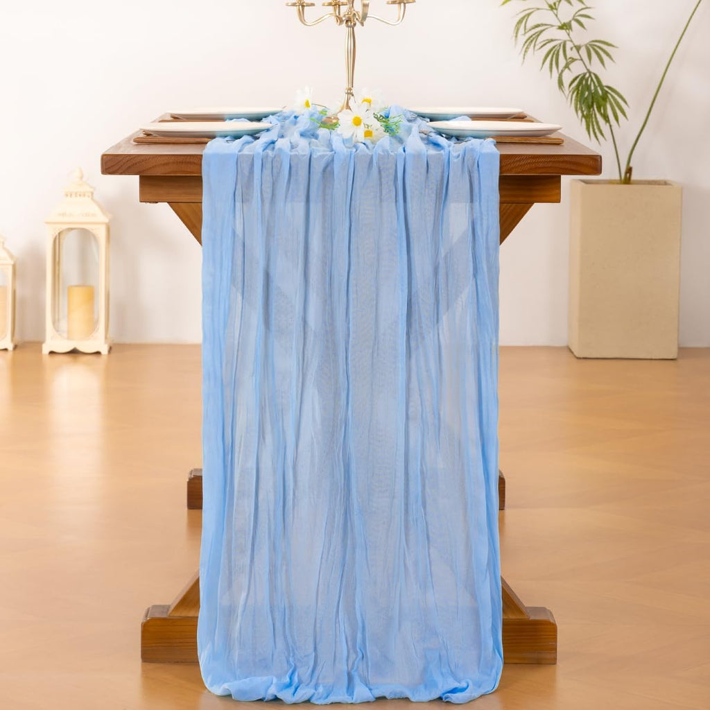 Socomi Cheesecloth Table Runner - Light Blue Boho Rustic Design | 120 Inch for Weddings & Events