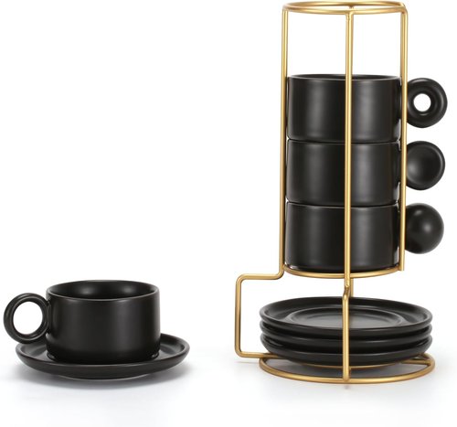 LURRIER Espresso Cup Set - Stackable 3 Ounce Porcelain Mugs with Saucer & Metal Stand | Black (Set of 4)