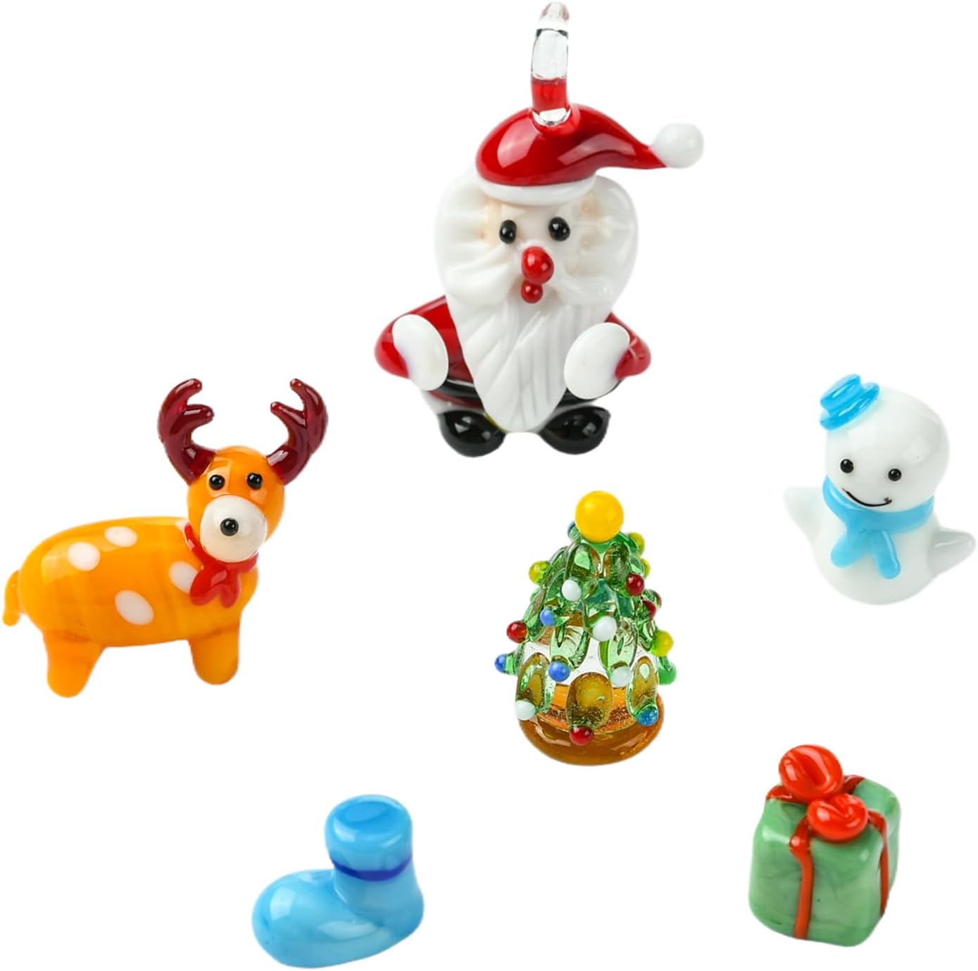Skiennix 6Pcs Christmas Mini Glass Animal Figurines - Hand Blown Elk & Snowman Collectibles for Home Decor