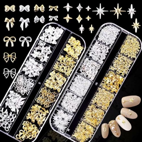 COOSLIM 150PCS Gold & Silver 3D Bow Nail Charms - 12 Styles Mini Alloy Bowknot Gems for Acrylic Nails & DIY Crafts