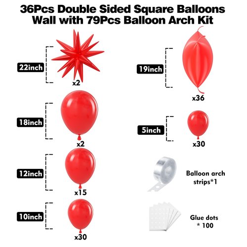 HKYOOD 36pcs Red Square Foil Balloons Wall Backdrop with 79pcs Balloon Garland Arch Kit, Double Sided Balloons for Birthday Bridal Shower Anniversary New Year Valentine's Day Prom Party Decorations