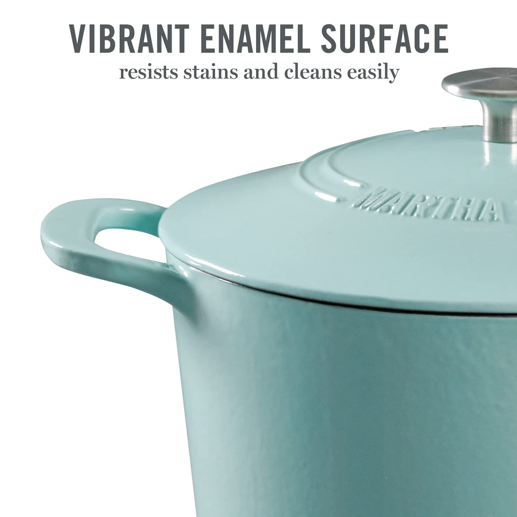 MARTHA STEWART Gatwick 7-Quart Enamel Cast Iron Dutch Oven – Martha Blue – Durable Heavy-Duty Dutch Oven for Slow Cooking, Braising & Baking