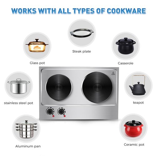 Hot Plate,Cusimax Double Burner 1800W Cast Iron Heating Plate,Electric Stove with Adjustable Temperature Control,Stainless Steel,Suitable for Various Scenarios Upgraded Version