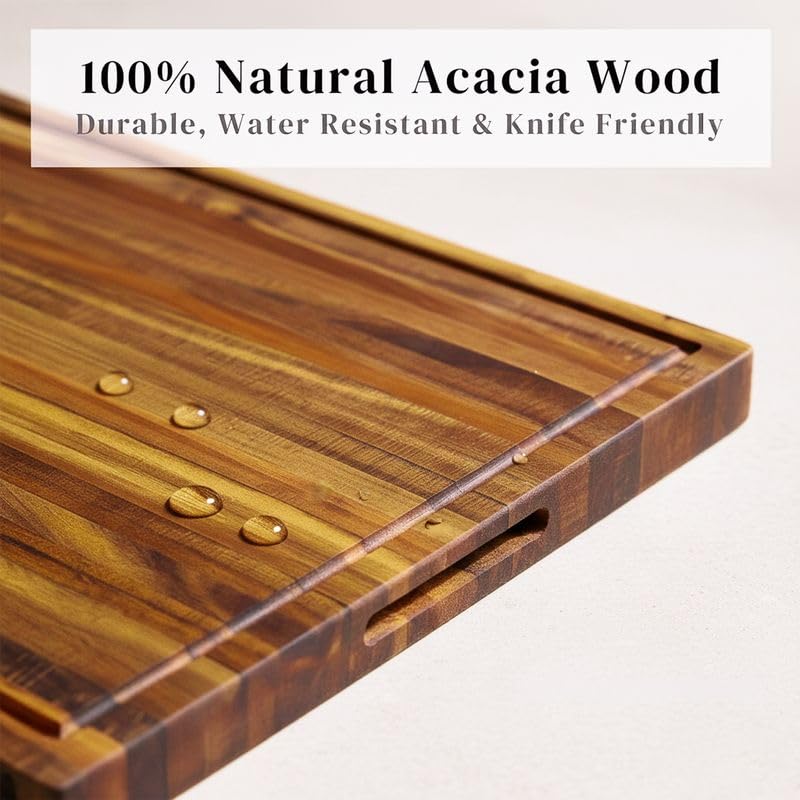 Premium Acacia Wood Cutting Board, 24" x 18" x 1.5" Thick Butcher Block for Meat, BBQ, Brisket & Meal Prep, Deep Juice Groove, Solid Hardwood, Non Toxic, BPA/Plastic Free by New M Way