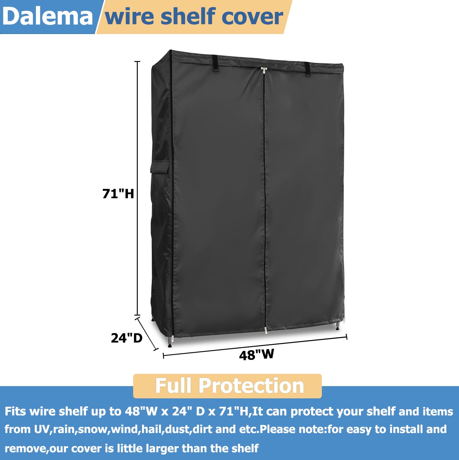 Dalema Wire Rack Covers,Heavy Duty 600D Dustproof Waterproof Storage Rack Covers for Metal Shelves,Storage Shelf Cover with Zipper for Wire Shlef,48''W x 24''D x 71''H,Black with Clear Front