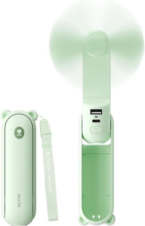 JISULIFE Handheld Mini Fan - 3-in-1 USB Rechargeable Portable Fan with Power Bank & Flashlight | Green