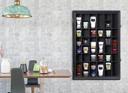 Furnishh 36 Slots Shot Glass Display Case with Lockable Door, Solid Wood Cabinet Collection Holder Wall Mounted Shot Glass Display Storage Box with Removable Shelves, 18"x26", Black