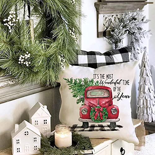 Red Truck Farmhouse Christmas Throw Pillow Covers 18x18 (Set of 2)