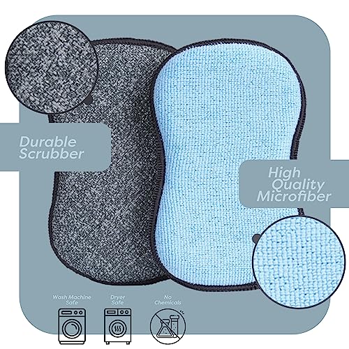 Scrub-it Microfiber Kitchen Sponges - Reusable Non-Scratch Dish Scrubbers, Small Gray & Blue 6 Pack