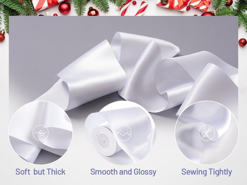 White Satin Ribbon - 4 Inch Double Face for Gift Wrapping & Wedding Decor | 10 Yards