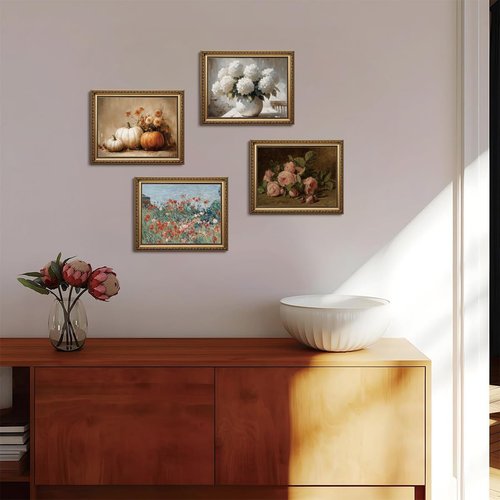 KISSFOX Gold Framed Vintage Wall Art - Botanical Flower Canvas Paintings for Living Room & Bedroom