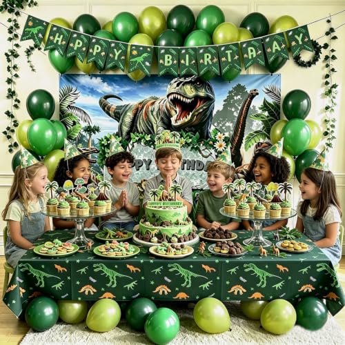 Dinosaur Birthday Party Decorations Kit for Kids with Backdrop, Balloons, Banner, Cake Toppers & Tattoos