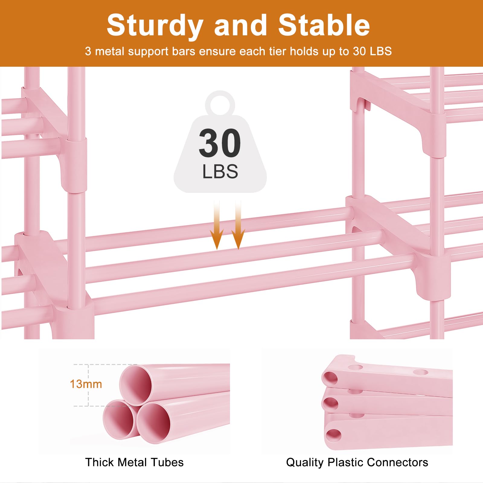 WOWLIVE 9 Tiers Shoe Rack Shoe Storage Shoe Organizer 50-55 Pairs Shoe Tower Unit Shelf Durable Metal Pipes with Plastic Connectors Stackable Cabinet Pink