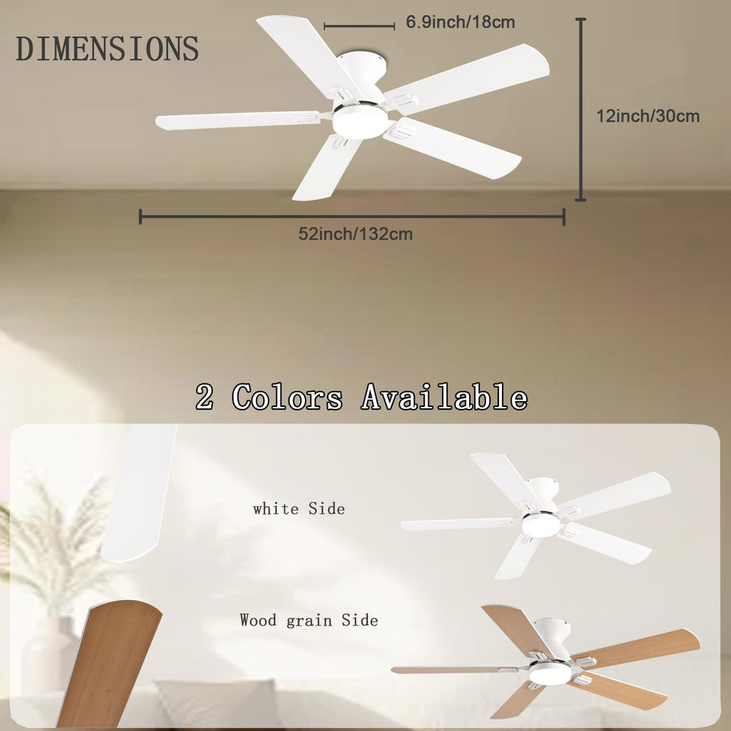 GJeg Ceiling Fans with Lights, 52 Inch Low Profile Ceiling Fan with Light and Remote, Flush Mount Ceiling Fan, 3CCT, Dimmable, Noiseless, Ceiling Light Fan for Bedroom, Indoor/Outdoor Use,White