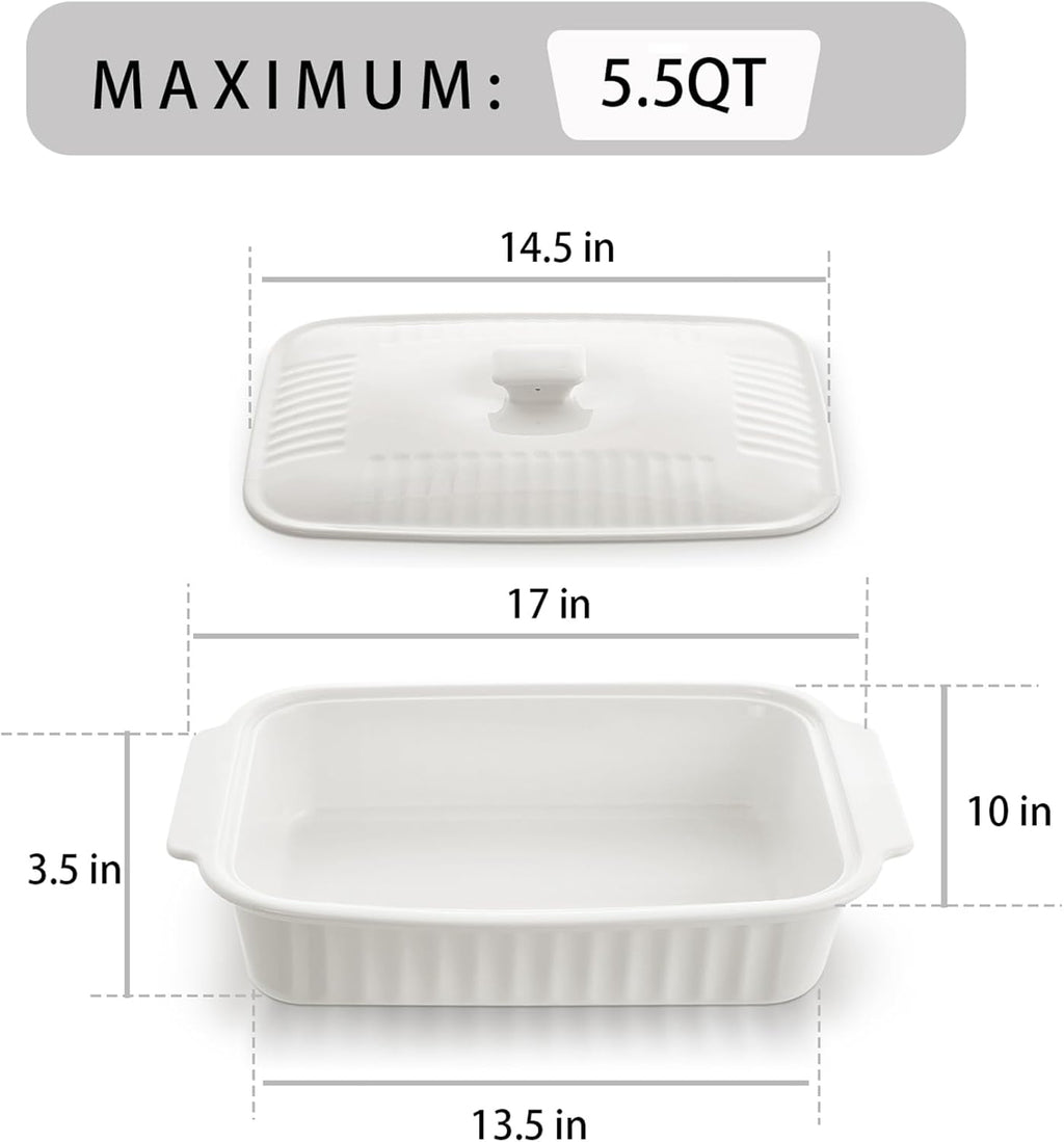 Skiennix Large Baking Dish - 5.5 Quart Ceramic Lasagna Pan with Lid | Microwave & Dishwasher Safe, White