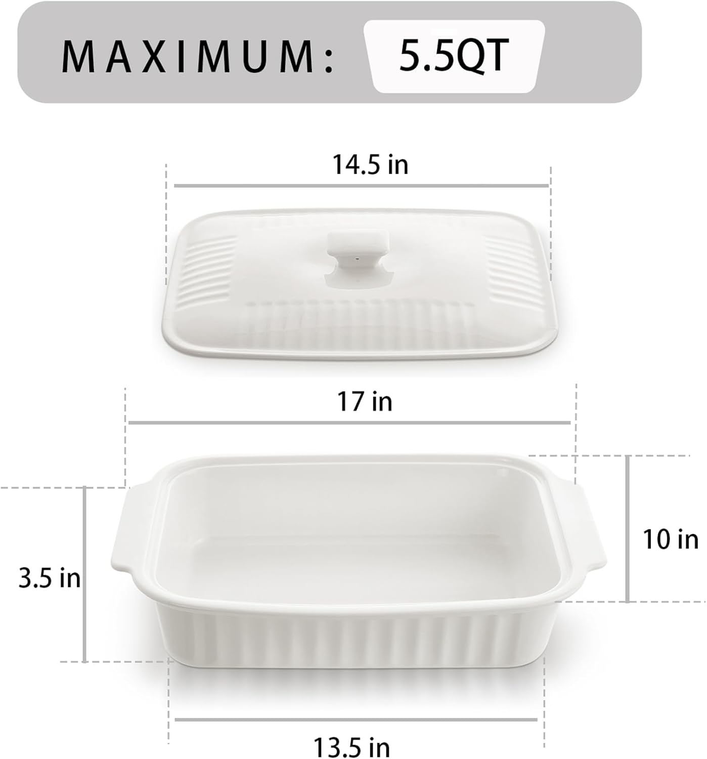Skiennix Large Baking Dish - 5.5 Quart Ceramic Lasagna Pan with Lid | Microwave & Dishwasher Safe, White