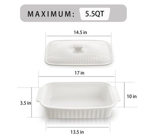 Large Baking Dish with Lid,5.5 Quart Lasagna Pan with Lid, 13.5x9 inch Ceramic Casserole Dish with Lid, Microwave, Dishwasher Safe, White