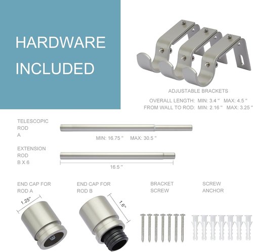 Byondeth Adjustable Curtain Rods - 16 to 120 Inches, 1 Inch Diameter, Brushed Nickel Finish
