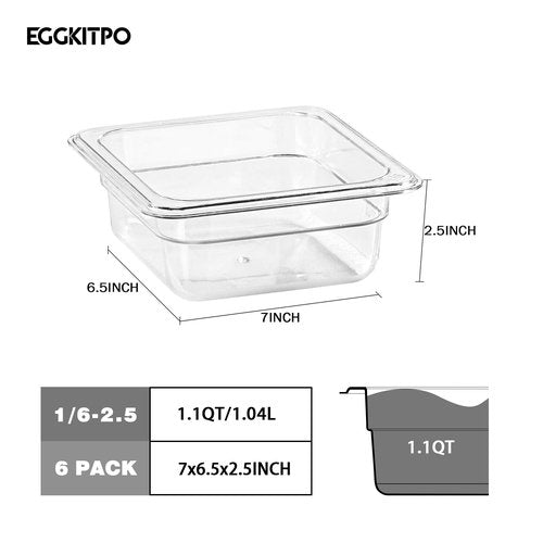 EGGKITPO 6-Pack Half Size Food Pan 2.5 Inch Deep Food Storage Container for Commercial Business Clear Stackable Polycarbonate Pans for Food Prep BPA Free Freezer-safe