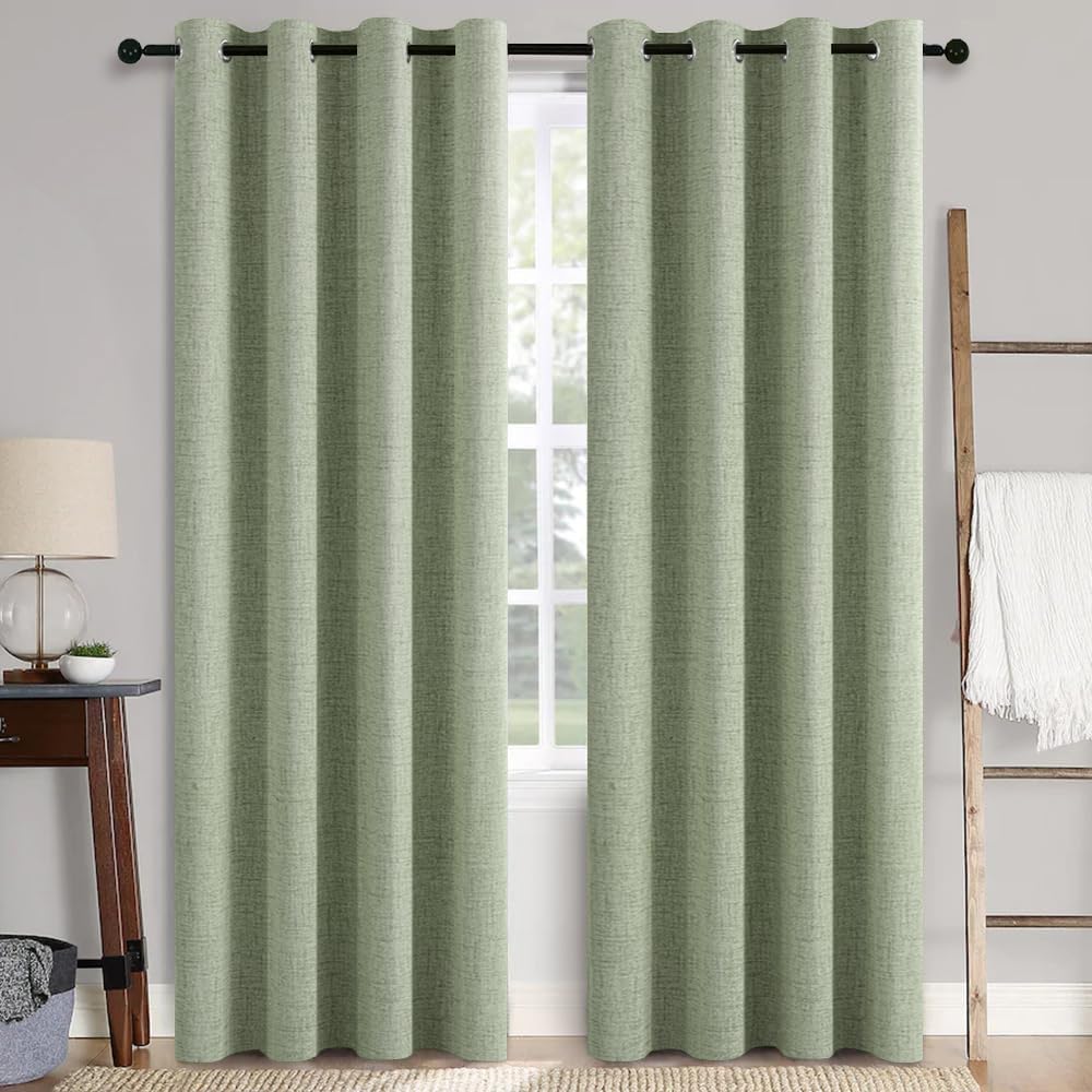 MIULEE Linen Texture Curtains - Sage Green Blackout Panels (52"W x 108"L) for Bedroom & Living Room
