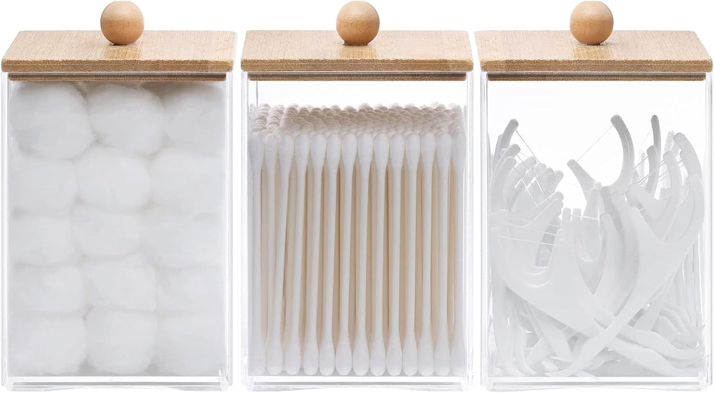 Tbestmax Square Qtip Holder Set - 12 oz Plastic Bathroom Organizers with Bamboo Lids for Cotton Balls & Swabs