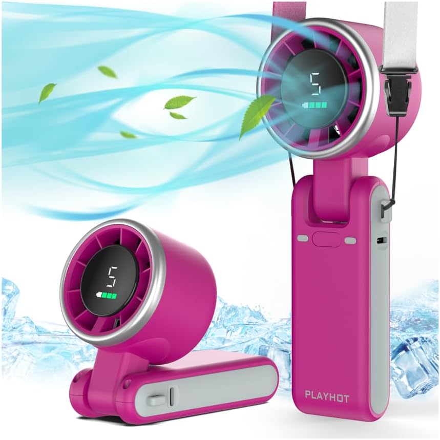 PlayHot Portable Handheld Turbo Fan - 5-Speed Rechargeable Personal Fan | 5000mAh Battery, 12-Hour Run Time, 3-in-1 Design (Magenta)