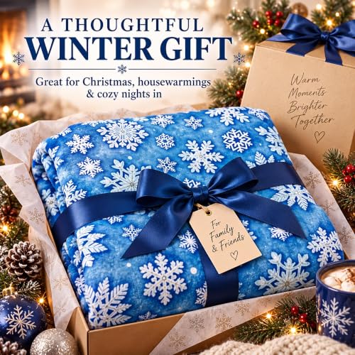 Snowflake Throw Blanket 60x80in Winter Christmas Blanket - Blue & White, Festive Holiday Decor