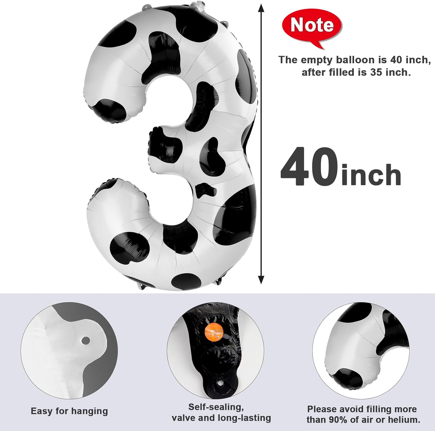 Numbers Balloon - 40 Inch Large White & Black Balloon for 3rd Birthday Party Decor