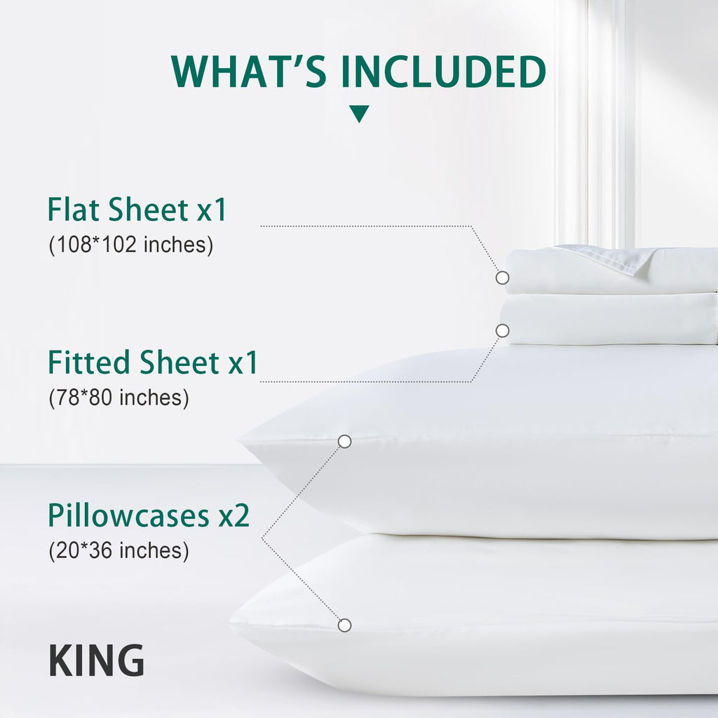 KUSNUG 100% Rayon Derived from Bamboo Sheets King Size, Organically Growth, Silky Soft & Cooling Sheet Set, 4 Piece (1 Fitted Sheet, 1 Flat Sheet and 2 Pillowcases) White Bedding Set with Deep Pocket
