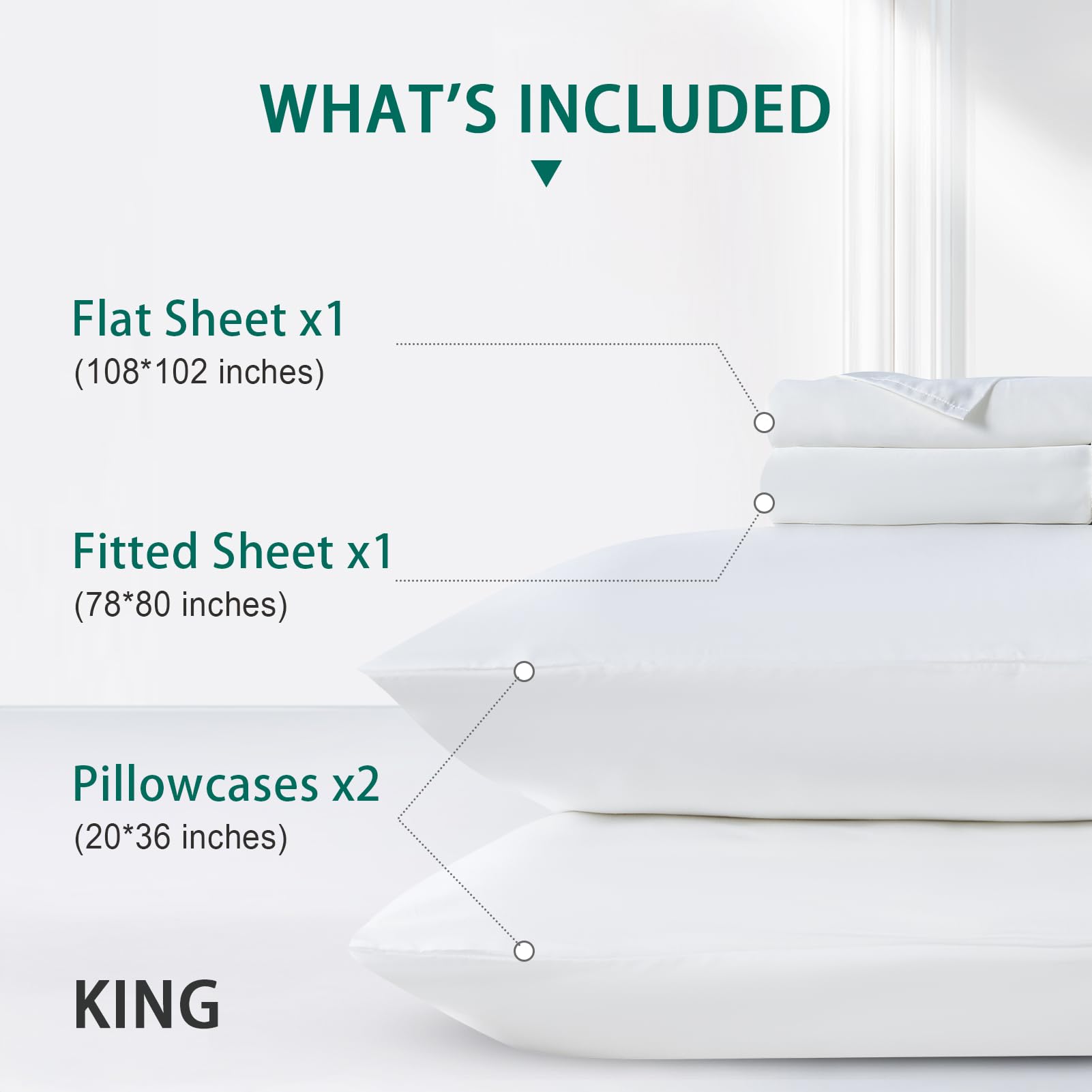 KUSNUG 100% Rayon Derived from Bamboo Sheets King Size, Organically Growth, Silky Soft & Cooling Sheet Set, 4 Piece (1 Fitted Sheet, 1 Flat Sheet and 2 Pillowcases) White Bedding Set with Deep Pocket