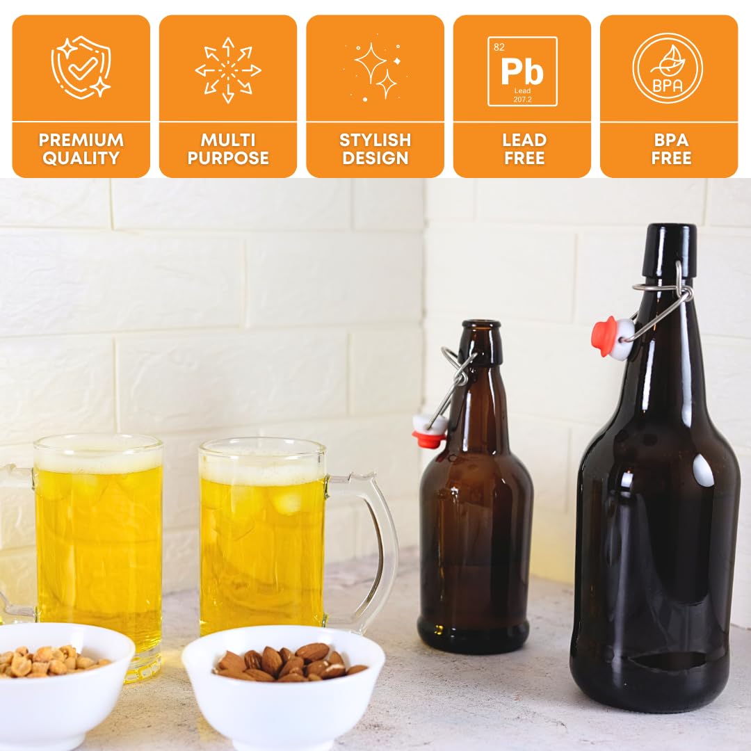 FastRack Swing Top Glass Bottles 33 oz – Pack of 12 | Amber Flip Top Glass Bottles with Airtight Lids | Resealable Grolsch-Style Fermentation Bottles for Kombucha, Beer, Mead, Soda, Vinegar & Water