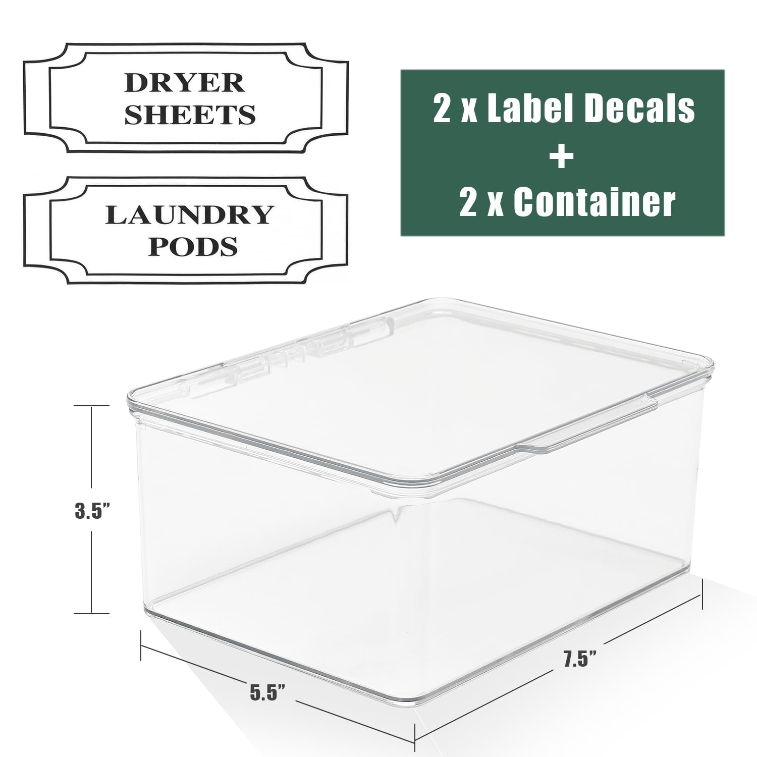 SSTATES Clear Acrylic Dryer Sheets Holder, Flip-top Laundry Pods Container with 2 Label Decals for Laundry Room Organization and Décor, Stackable Storage Box (2 Pack)