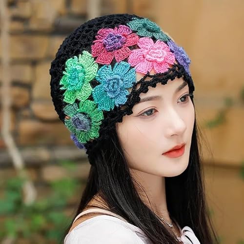 1Pcs Flower Crochet Vintage Beanie Hollow Hat Breathable Knitted Skull Hat Lightweight Elastic Knit Hats for Women (Flower Color Random) Multi
