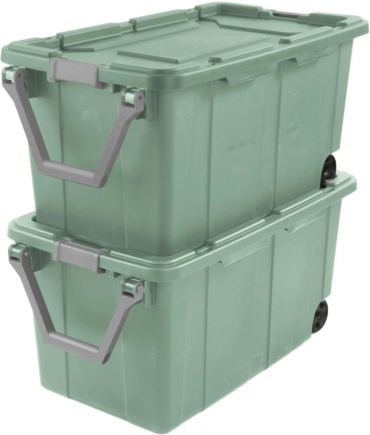 Rugged Wheeled Industrial Tote by [Brand Name] - 40 Gallon Storage Bin with Latch Lid, Light Green, 2 Count