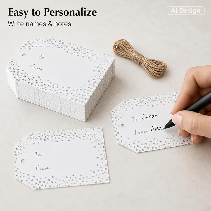 G2PLUS Silver Dot Gift Tags To & From - 50 Pcs with White Kraft Paper, Twine, 2x3.3 In - Silver Dots