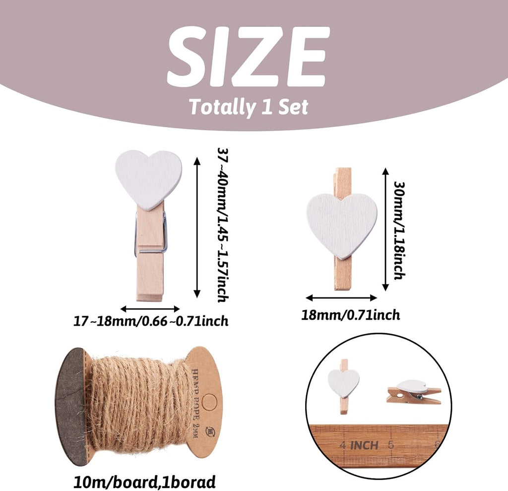 Pandahall 100 Pcs White Heart Clothespins - Wooden Craft Clips with 10.9 Yards Jute Twine for Photo Display
