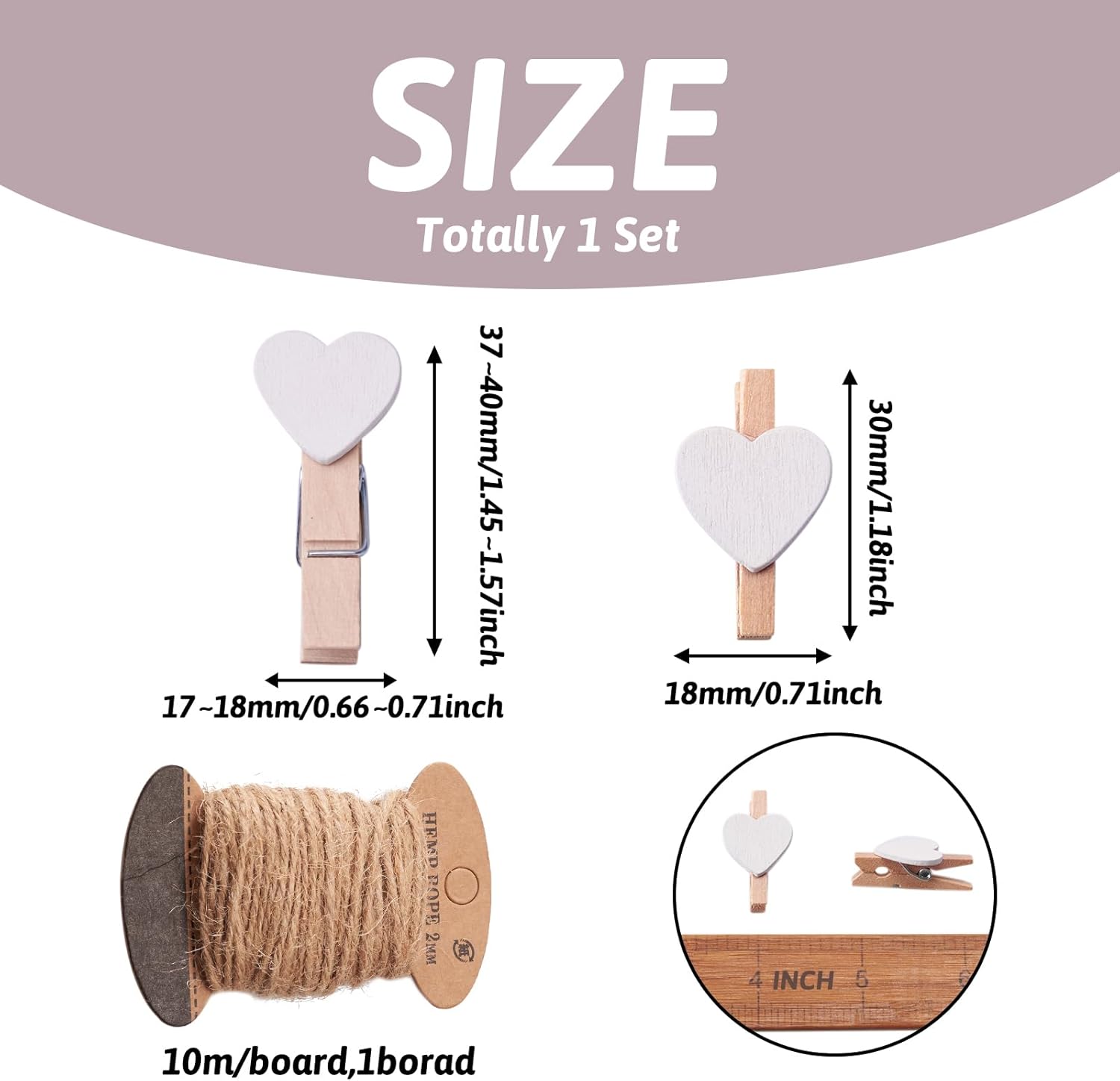 Pandahall 100 Pcs White Heart Clothespins - Wooden Craft Clips with 10.9 Yards Jute Twine for Photo Display