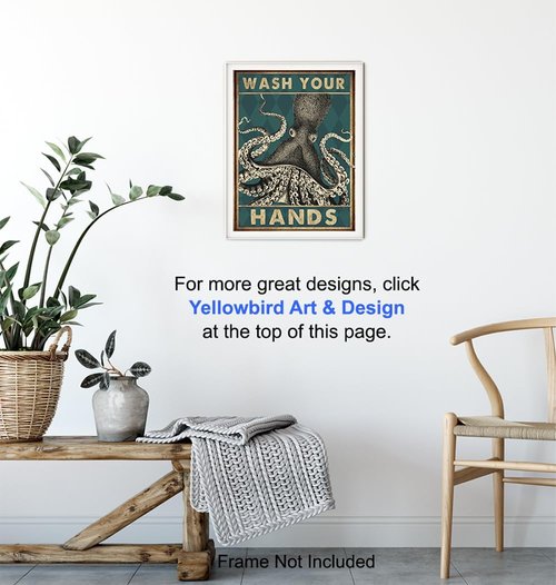 Coastal Nautical Bathroom Wall Art | Beach Octopus Decor - Funny Wash Your Hands Sign - 11x14
