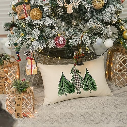 Watercolor Christmas Tree Throw Pillow Cover - 12x20 Inch Buffalo Plaid