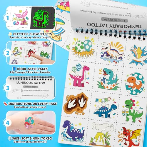 Partywind Glow & Glitter Temporary Tattoos Book for Kids - 192 Styles