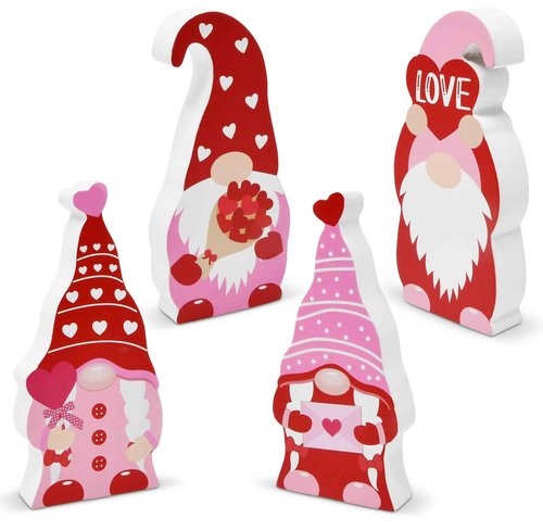 Gift Boutique Valentines Day Decor Gnome Table Sign, 4 Pcs Galentines Day Red and Pink Wooden Home Tiered Tray Decorations Valentine Gifts