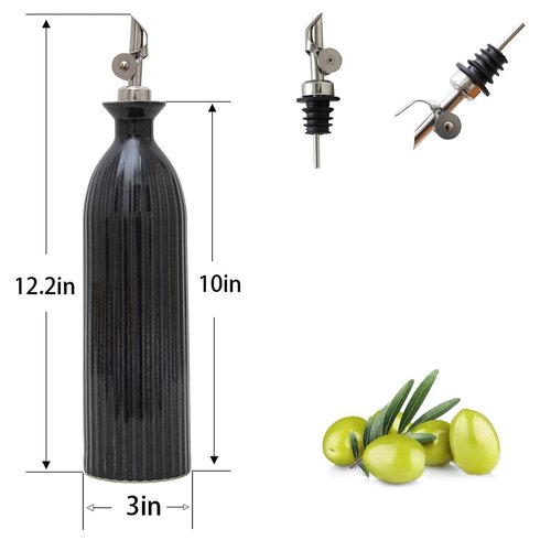 UDNORDGLOW 18 oz Ceramic Olive Oil Bottle Dispenser for kitchen with Stainless Automatic Spout, Stoneware 500ml Oil, Vinegar, Soy Sauce, Coffee Syrup, and Liquids container - Deep Gray-Blue